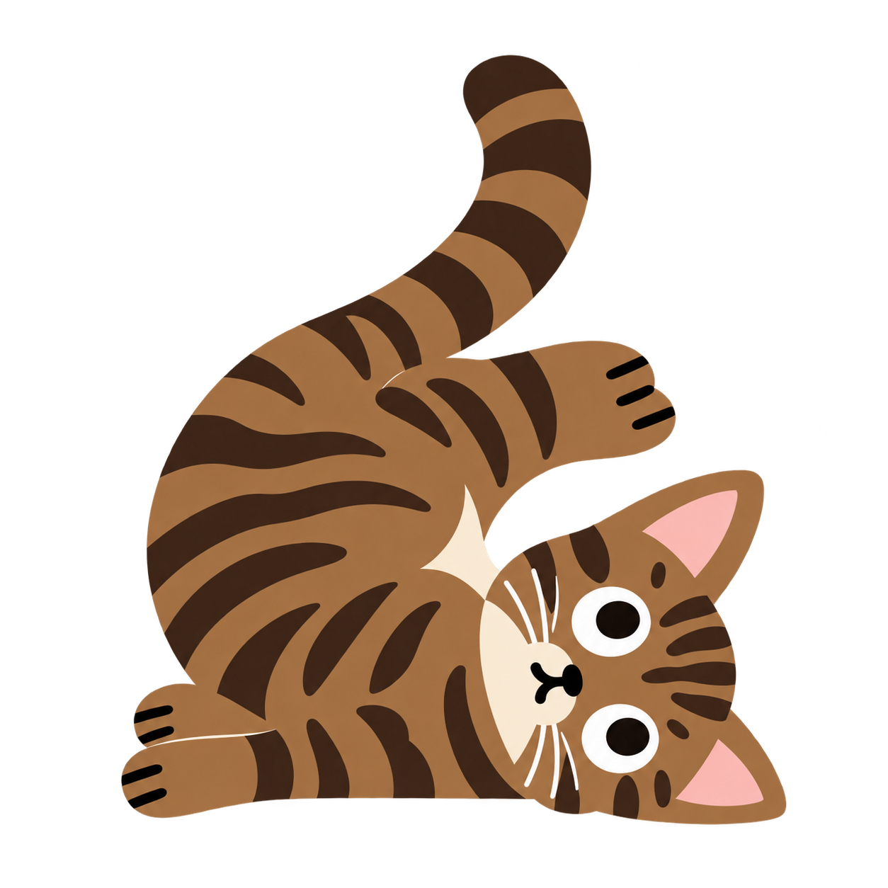 ticker Cat: a playful cartoon brown tabby with big round eyes, pink ears, a cream muzzle, and a raised striped tail