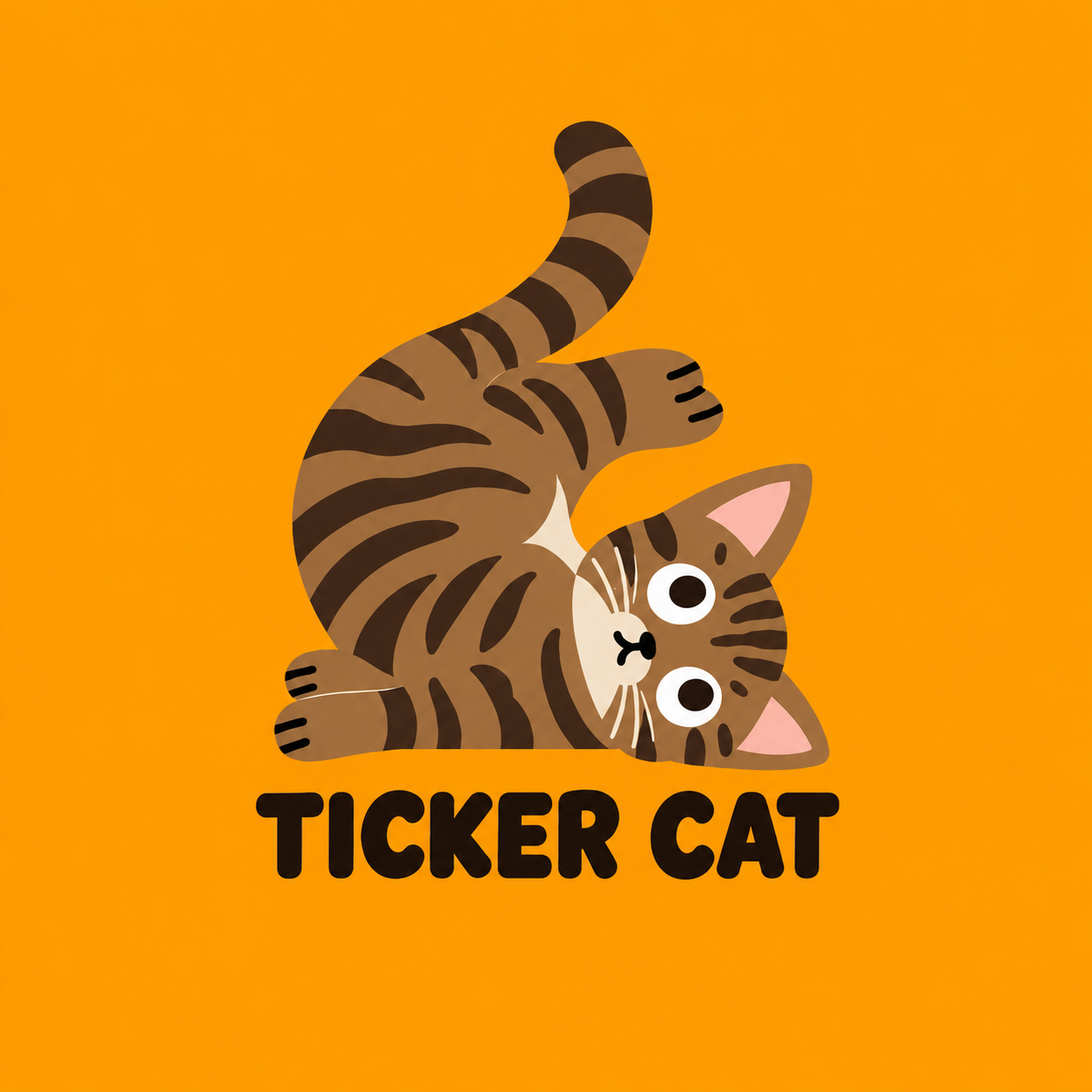 Orange TICKER CAT poster featuring the cartoon brown tabby with big round eyes and a raised striped tail